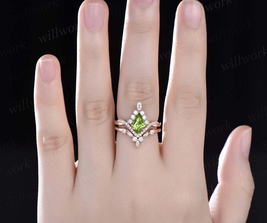 Vintage kite cut peridot ring gold halo unique engagement ring set art deco curved twisted diamond promise bridal wedding ring set women