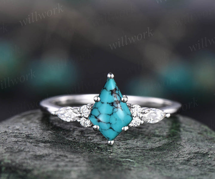 Vintage kite cut natural Turquoise engagement ring set 14k rose gold marquise cut diamond ring for women unique bridal wedding ring set gift