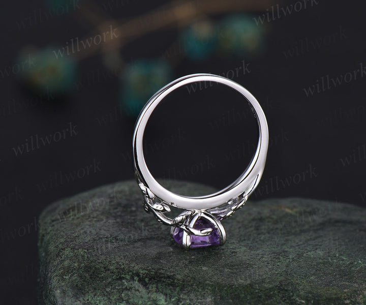Cushion cut purple amethyst ring vintage unique nature inspired engagement ring leaf 14k rose gold ring art deco bridal wedding ring women