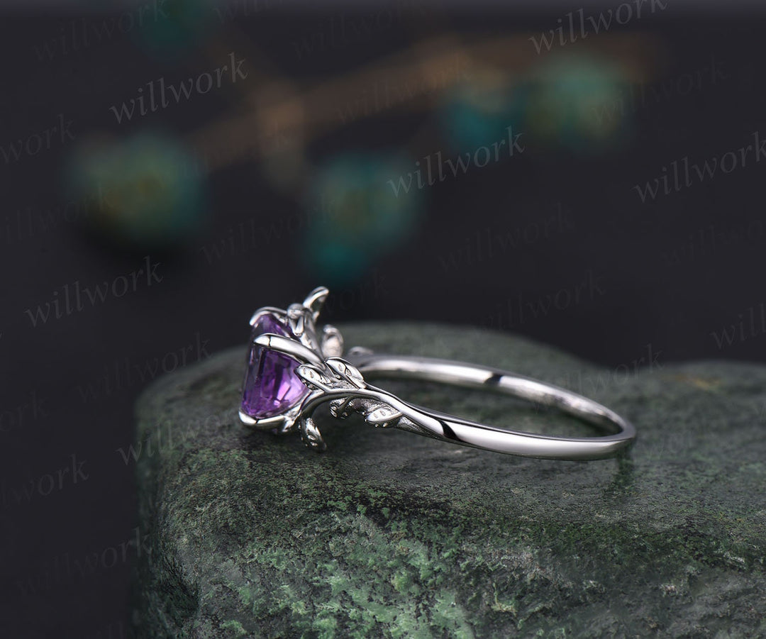 Cushion cut purple amethyst ring vintage unique nature inspired engagement ring leaf 14k rose gold ring art deco bridal wedding ring women