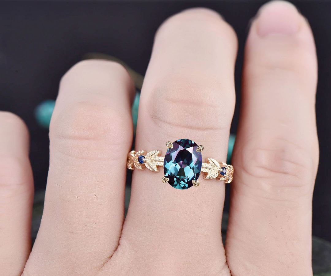 Oval cut Alexandrite ring gold vintage unique engagement ring Nature inspired leaf twig ring sapphire ring women wedding promise ring silver