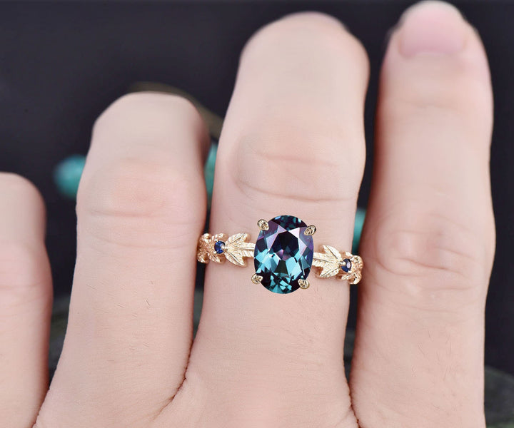 Oval cut Alexandrite ring gold vintage unique engagement ring Nature inspired leaf twig ring sapphire ring women wedding promise ring silver