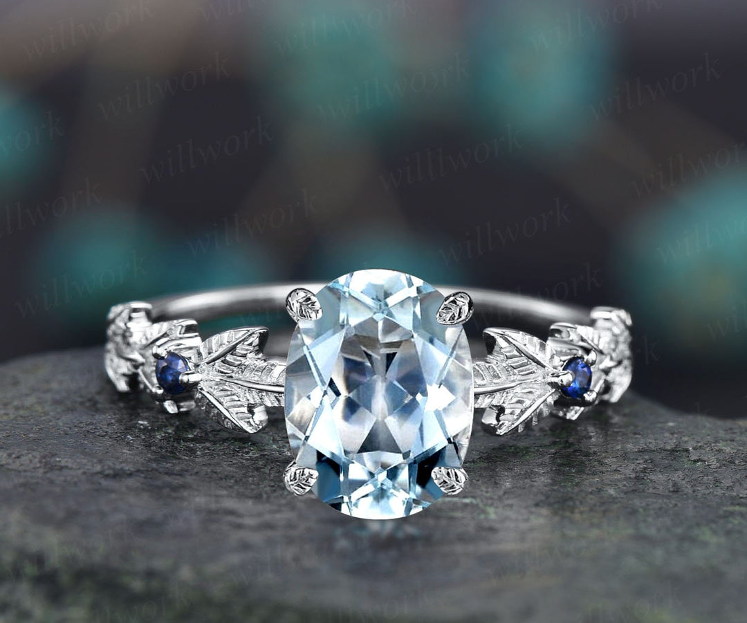 Oval cut Aquamarine ring gold vintage unique engagement ring Nature inspired leaf twig ring sapphire ring women wedding promise ring silver