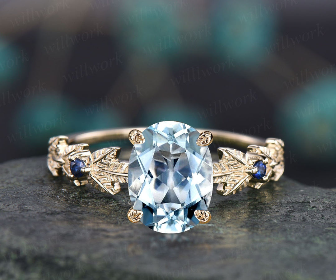 Oval cut Aquamarine ring gold vintage unique engagement ring Nature inspired leaf twig ring sapphire ring women wedding promise ring silver