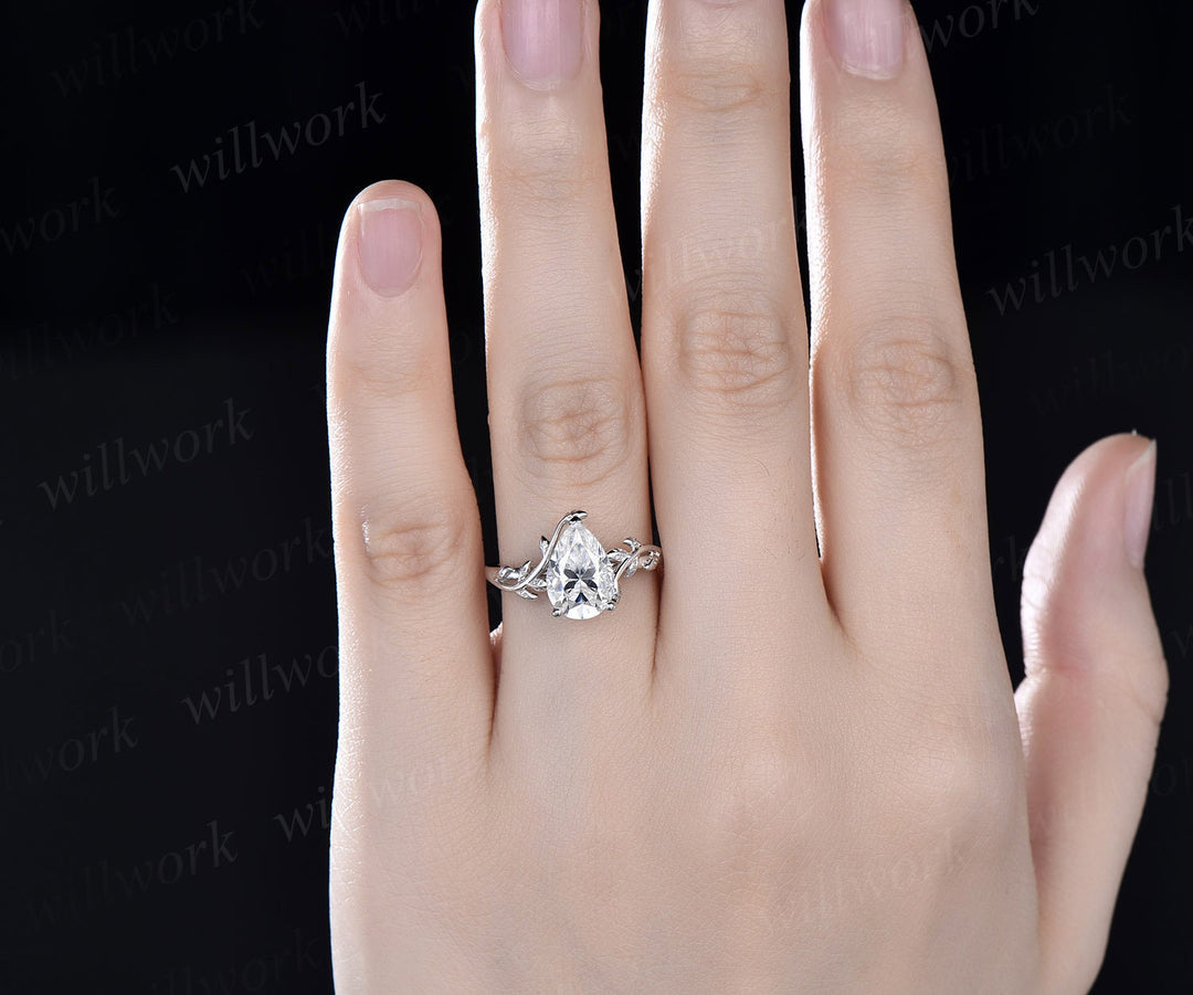 2ct Solitaire Pear shaped IGI lab-grown diamond engagement ring 14k white gold branches leaf Leaves twig nature inspired ring twisted promise wedding ring women