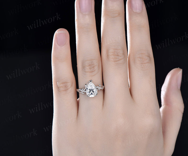2ct Solitaire Pear shaped IGI lab-grown diamond engagement ring 14k white gold branches leaf Leaves twig nature inspired ring twisted promise wedding ring women
