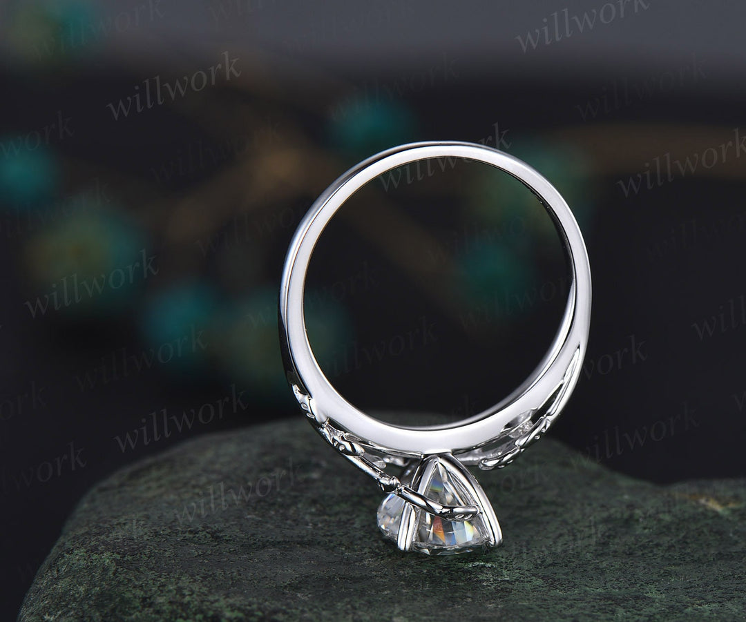 2ct Solitaire Pear shaped IGI lab-grown diamond engagement ring 14k white gold branches leaf Leaves twig nature inspired ring twisted promise wedding ring women