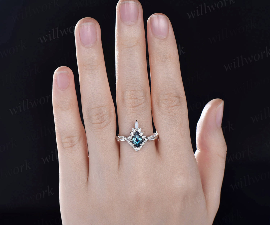 Kite cut alexandrite engagement ring set art deco 14k white gold halo marquise cut opal ring set twisted moissanite bridal ring set women