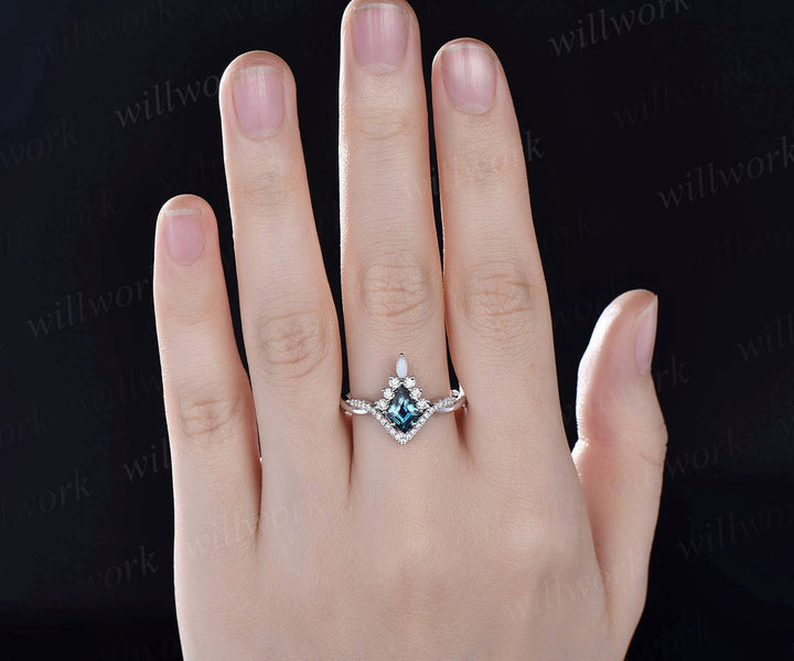 Kite cut alexandrite engagement ring set art deco 14k white gold halo marquise cut opal ring set twisted moissanite bridal ring set women