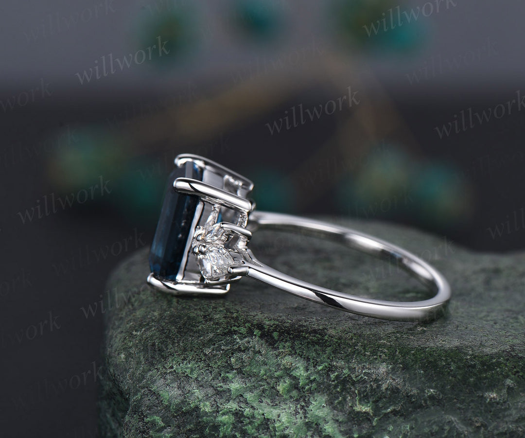4ct Emerald cut London blue topaz engagement ring 14k white gold marquise cut diamond ring women unique anniversary wedding promise ring