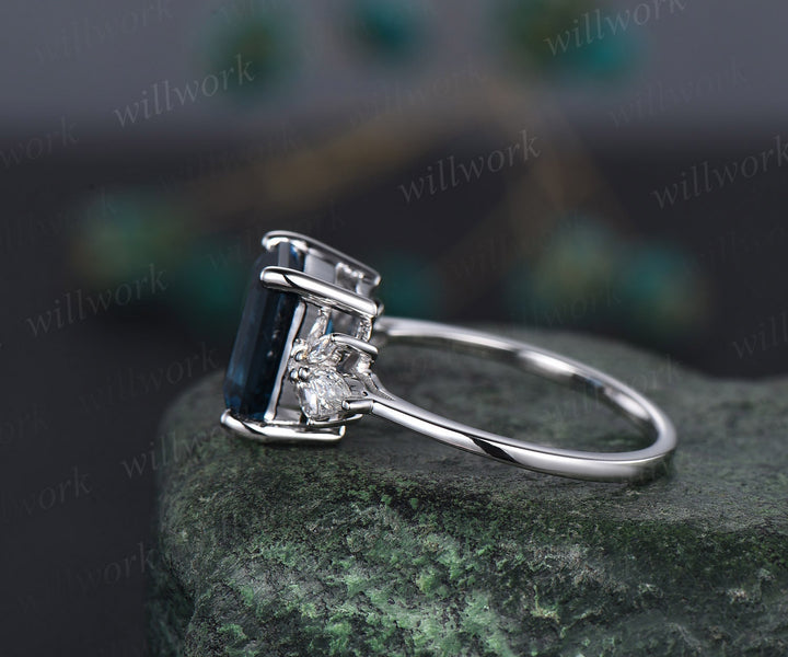 4ct Emerald cut London blue topaz engagement ring 14k white gold marquise cut diamond ring women unique anniversary wedding promise ring