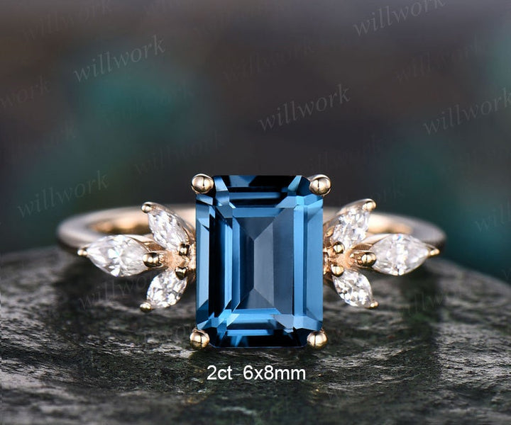4ct Emerald cut London blue topaz engagement ring 14k white gold marquise cut diamond ring women unique anniversary wedding promise ring