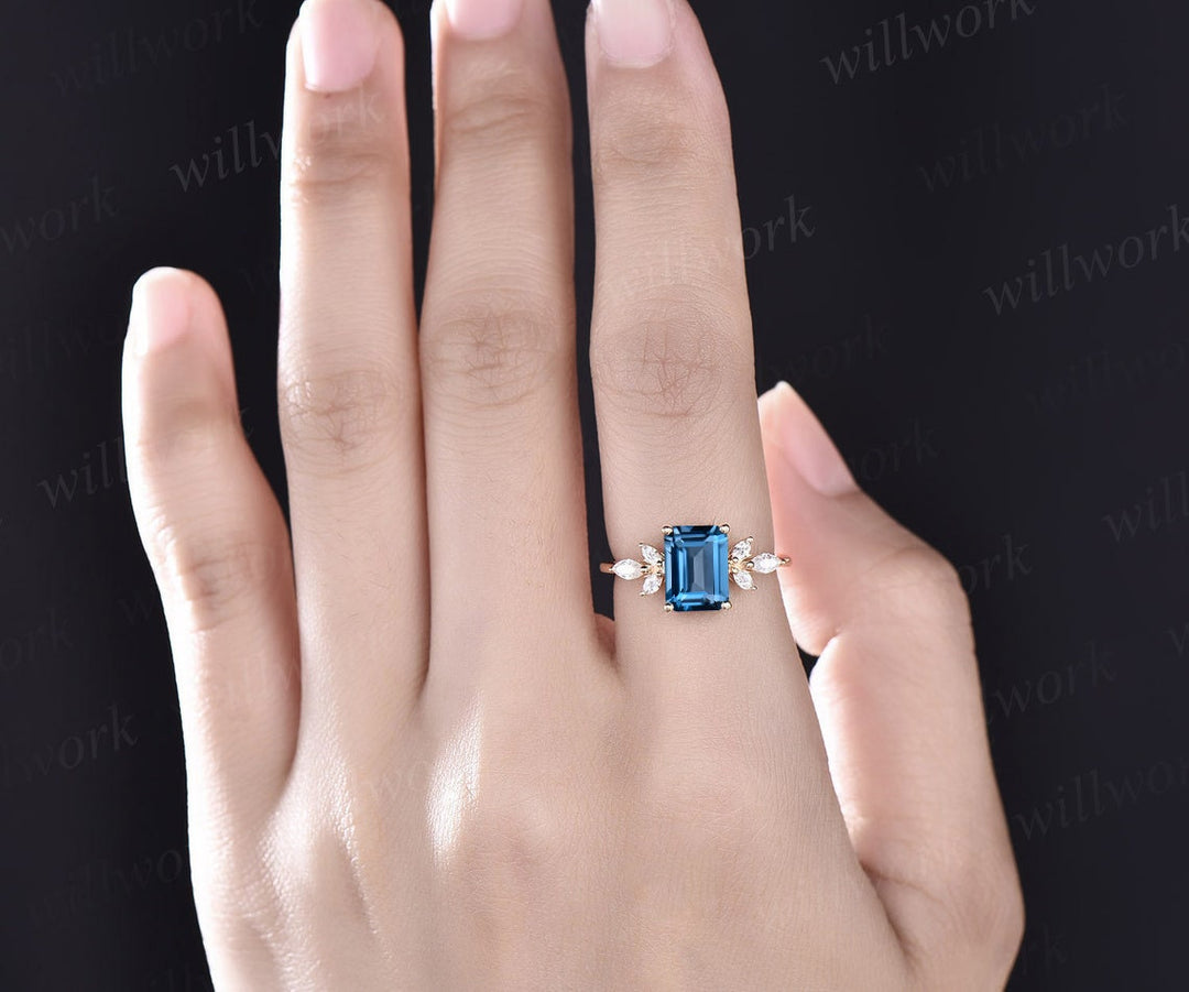 4ct Emerald cut London blue topaz engagement ring 14k white gold marquise cut diamond ring women unique anniversary wedding promise ring