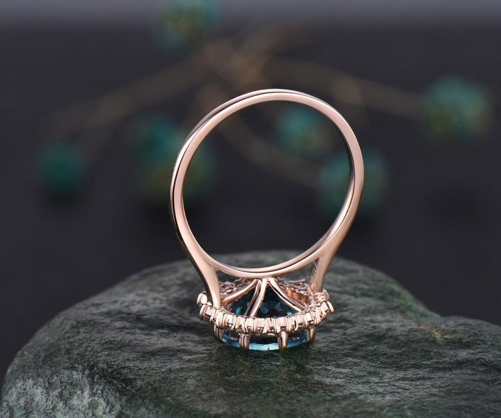 4ct round cut Alexandrite engagement ring solid 14k rose gold snowdrift halo diamond promise anniversary wedding ring for women fine jewelry