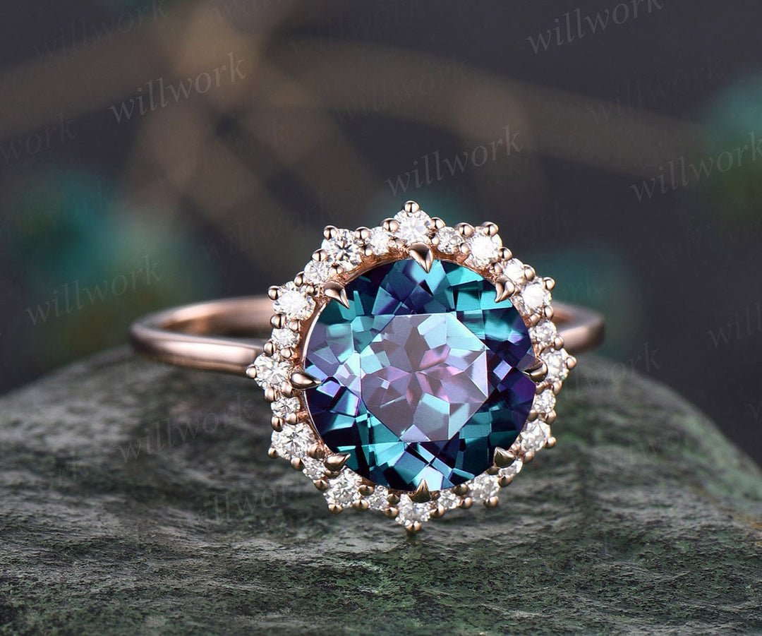 4ct round cut Alexandrite engagement ring solid 14k rose gold snowdrift halo diamond promise anniversary wedding ring for women fine jewelry