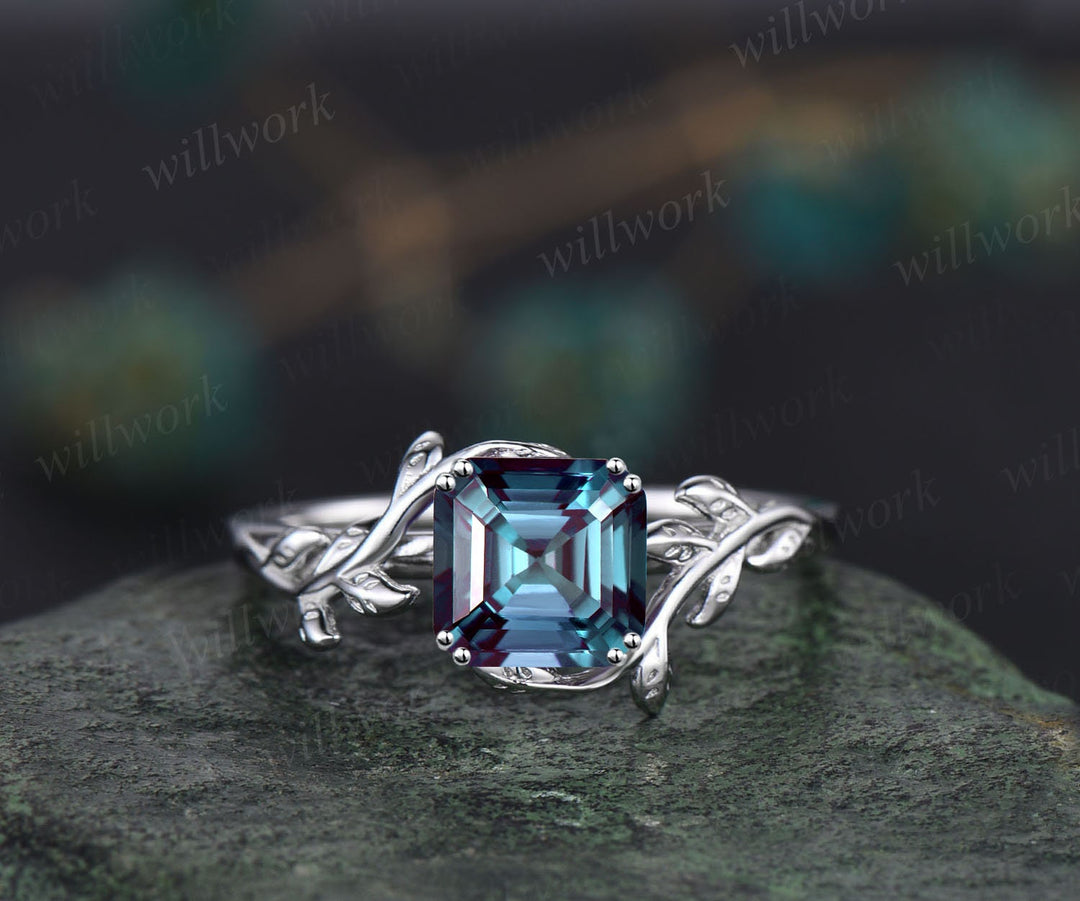 Asscher cut Alexandrite engagement ring 14k rose gold leaf branch Nature inspired solitaire promise wedding anniversary ring for women gift