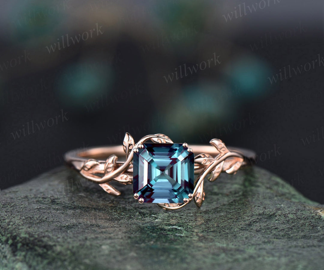 Asscher cut Alexandrite engagement ring 14k rose gold leaf branch Nature inspired solitaire promise wedding anniversary ring for women gift
