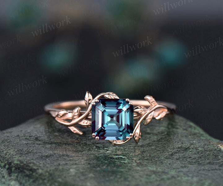 Asscher cut Alexandrite engagement ring 14k rose gold leaf branch Nature inspired solitaire promise wedding anniversary ring for women gift