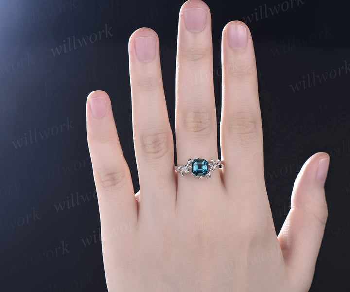 Twig Asscher cut London blue topaz engagement ring 14k rose gold leaf branch Nature inspired solitaire wedding anniversary ring women gift