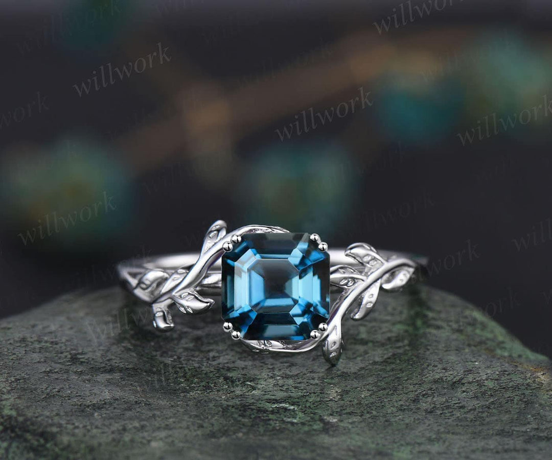 Twig Asscher cut London blue topaz engagement ring 14k rose gold leaf branch Nature inspired solitaire wedding anniversary ring women gift