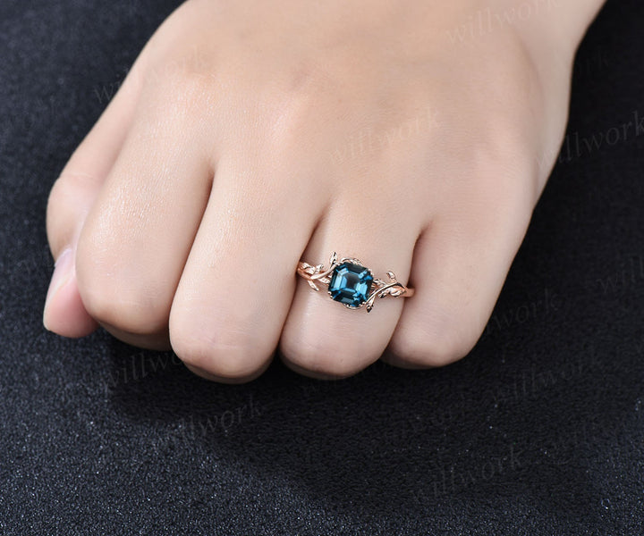 Twig Asscher cut London blue topaz engagement ring 14k rose gold leaf branch Nature inspired solitaire wedding anniversary ring women gift