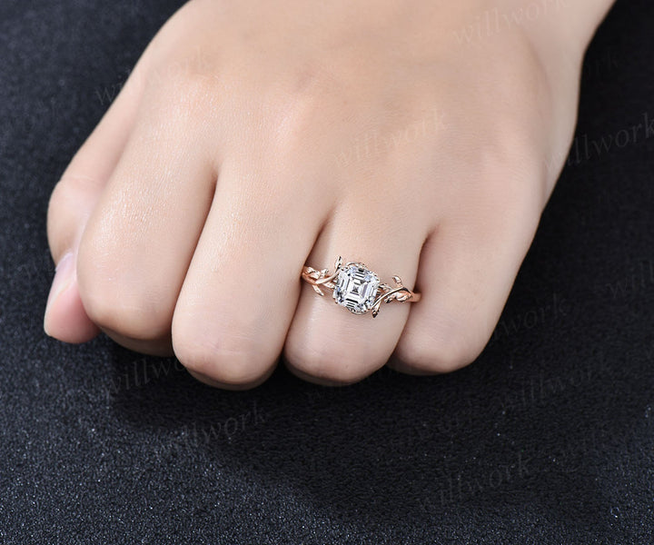 Twig Asscher cut Moissanite engagement ring solid 14k rose gold leaf branch Nature inspired solitaire wedding anniversary ring women gift