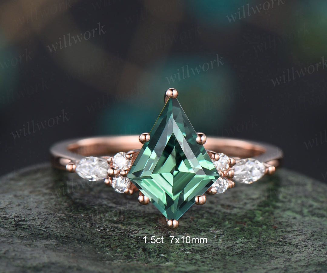 7x10mm kite cut green sapphire engagement ring set rose gold teal sapphire ring marquise moissanite ring unique wedding ring set for women