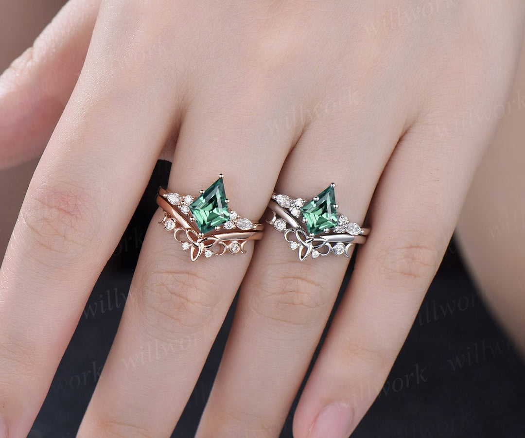 7x10mm kite cut green sapphire engagement ring set rose gold teal sapphire ring marquise moissanite ring unique wedding ring set for women
