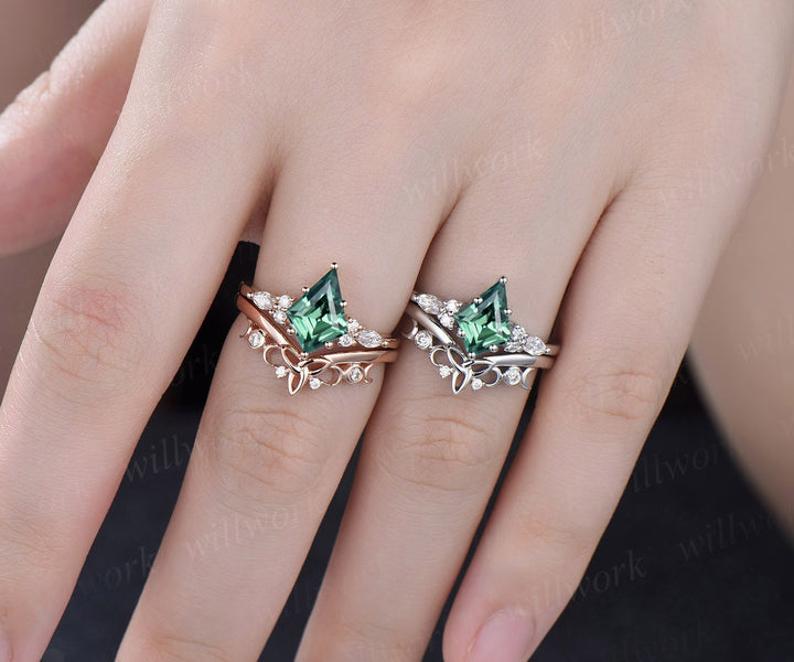 7x10mm kite cut green sapphire engagement ring set rose gold teal sapphire ring marquise moissanite ring unique wedding ring set for women