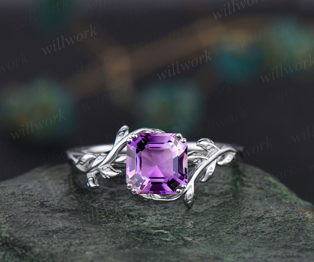 Twig Asscher cut purple Amethyst engagement ring 14k rose gold leaf branch Nature inspired solitaire promise wedding anniversary ring women