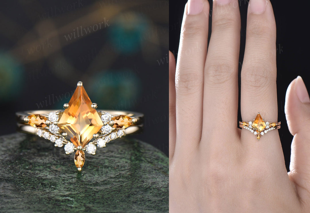 Kite cut yellow Citrine ring vintage rose gold unique engagement ring set art deco crystal ring diamond anniversary ring set for women gift