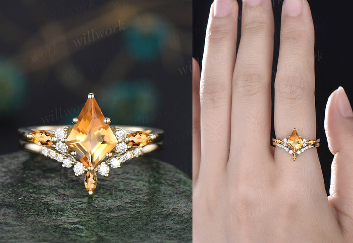 Kite cut yellow Citrine ring vintage rose gold unique engagement ring set art deco crystal ring diamond anniversary ring set for women gift