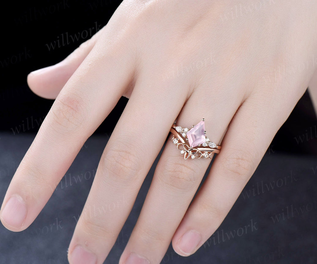 Kite cut rose quartz ring rose gold unique engagement ring set rose gold crystal ring art deco moissanite ring women Norse Viking Jewelry