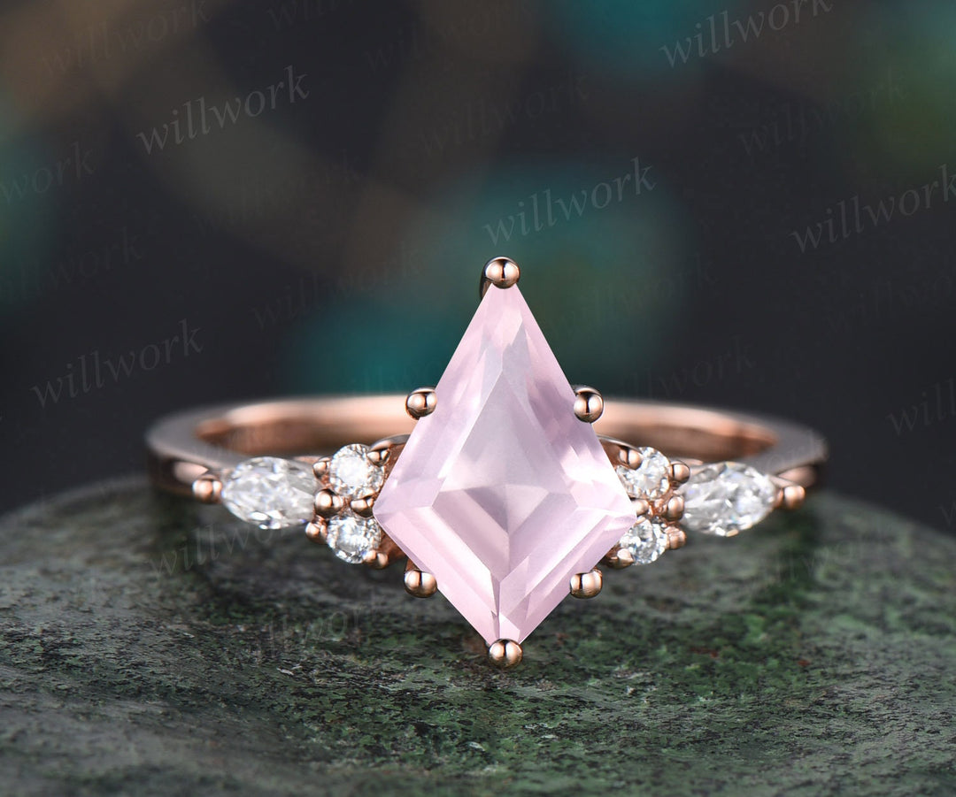 Kite cut rose quartz ring rose gold unique engagement ring set rose gold crystal ring art deco moissanite ring women Norse Viking Jewelry
