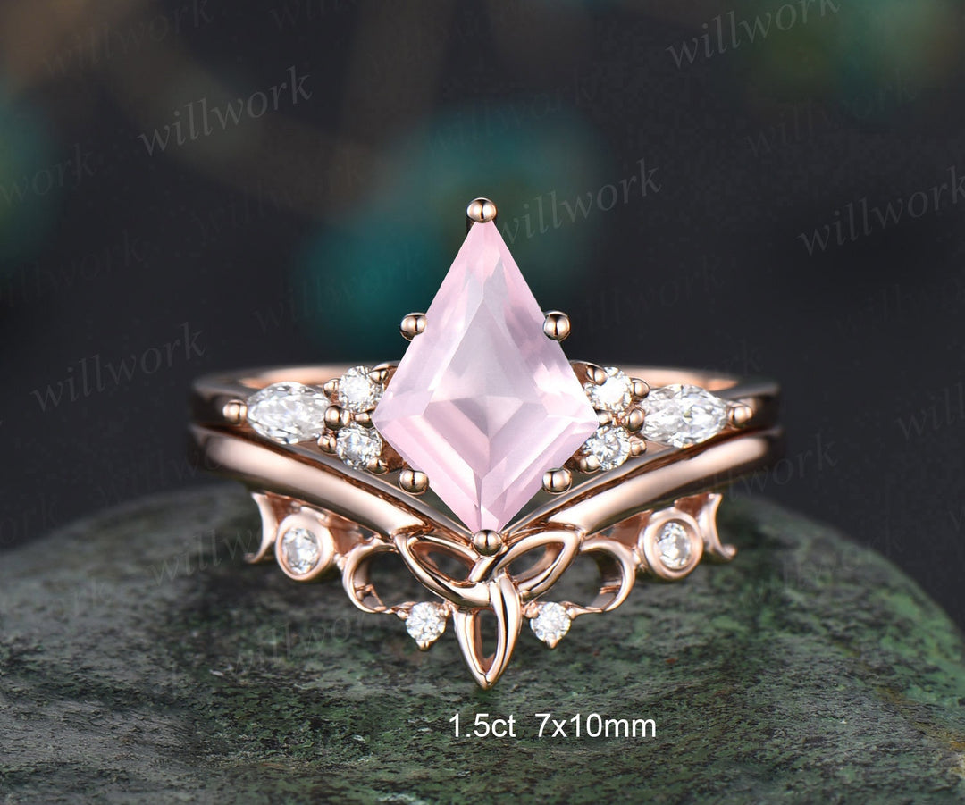Kite cut rose quartz ring rose gold unique engagement ring set rose gold crystal ring art deco moissanite ring women Norse Viking Jewelry