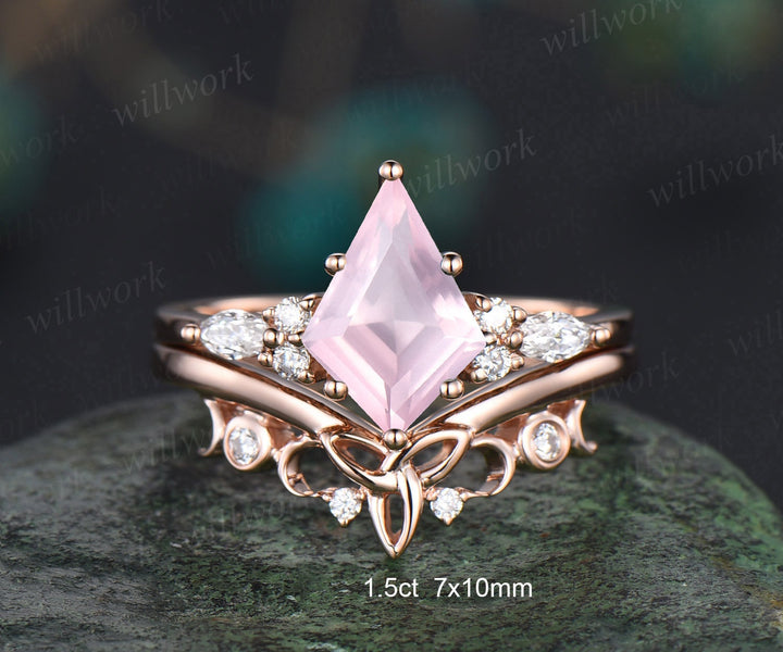 Kite cut rose quartz ring rose gold unique engagement ring set rose gold crystal ring art deco moissanite ring women Norse Viking Jewelry