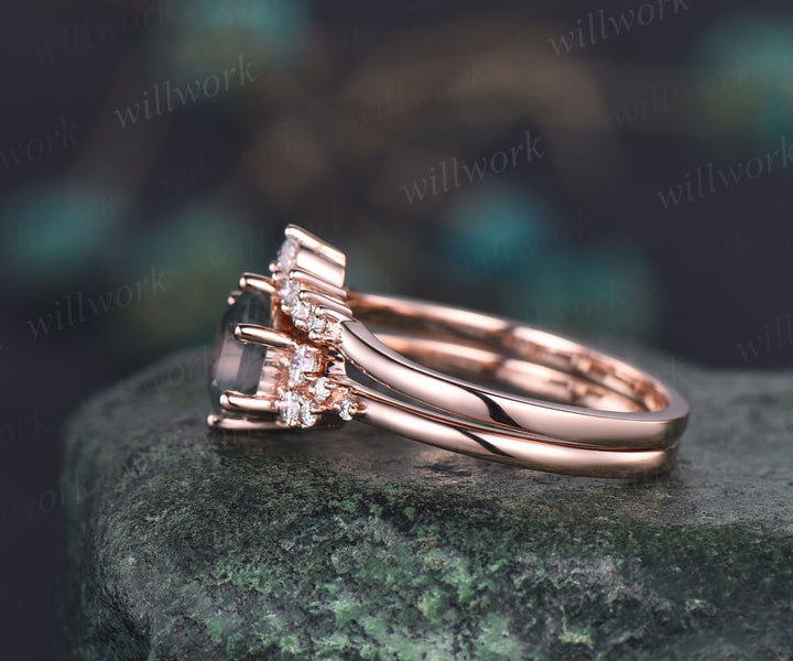 Hexagon cut natural pink tourmaline ring rose gold unique engagement ring set women snowdrift diamond ring 6 prong bridal wedding ring set