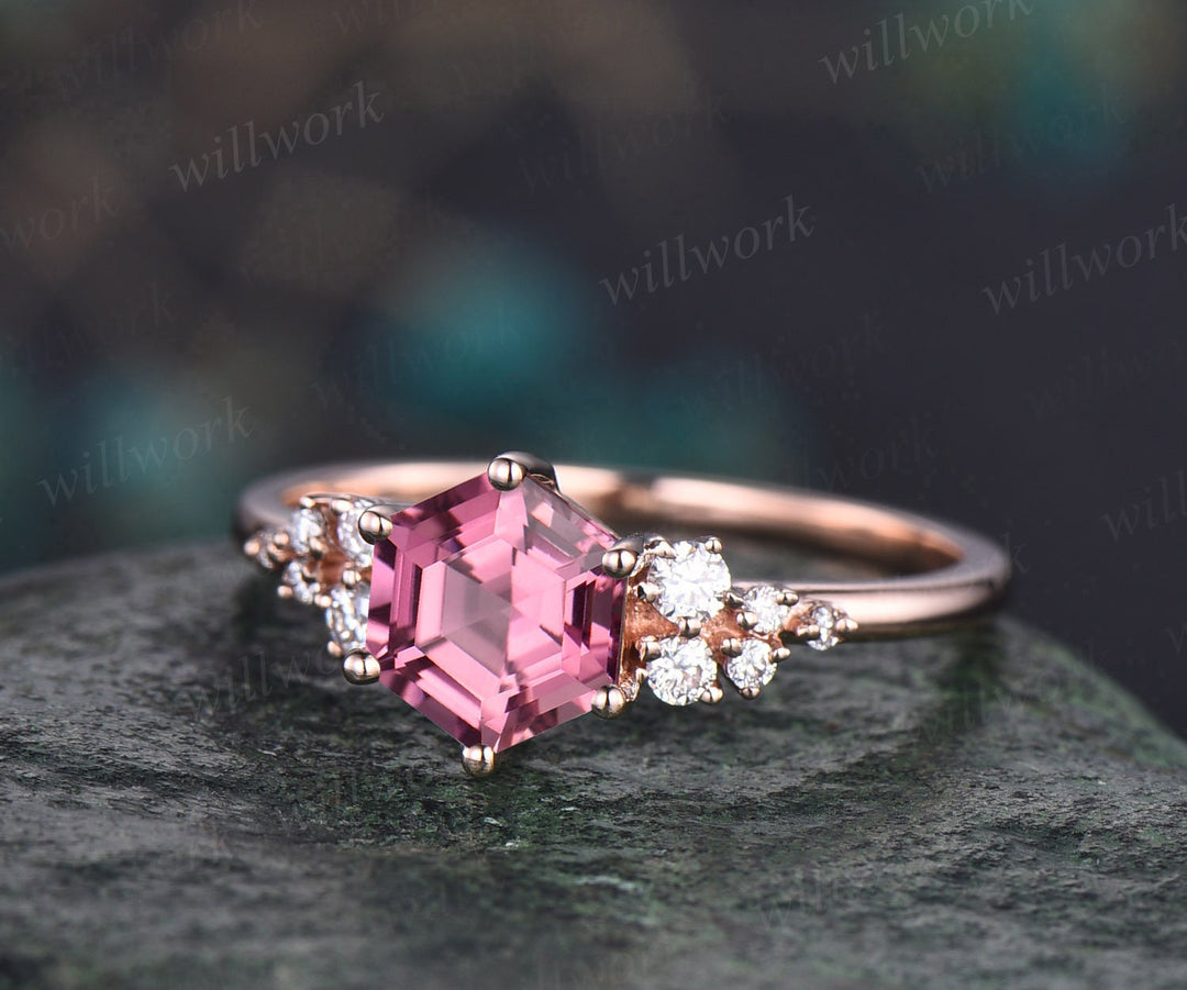Hexagon cut natural pink tourmaline ring rose gold unique engagement ring set women snowdrift diamond ring 6 prong bridal wedding ring set