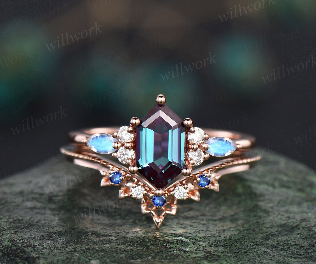 Vintage hexagon cut Alexandrite engagement ring set art deco rose gold moonstone ring women sapphire diamond promise anniversary ring set