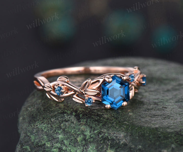 Twig hexagon cut London blue topaz engagement ring 14k white gold leaf topaz ring December birthstone ring anniversary ring for women gift