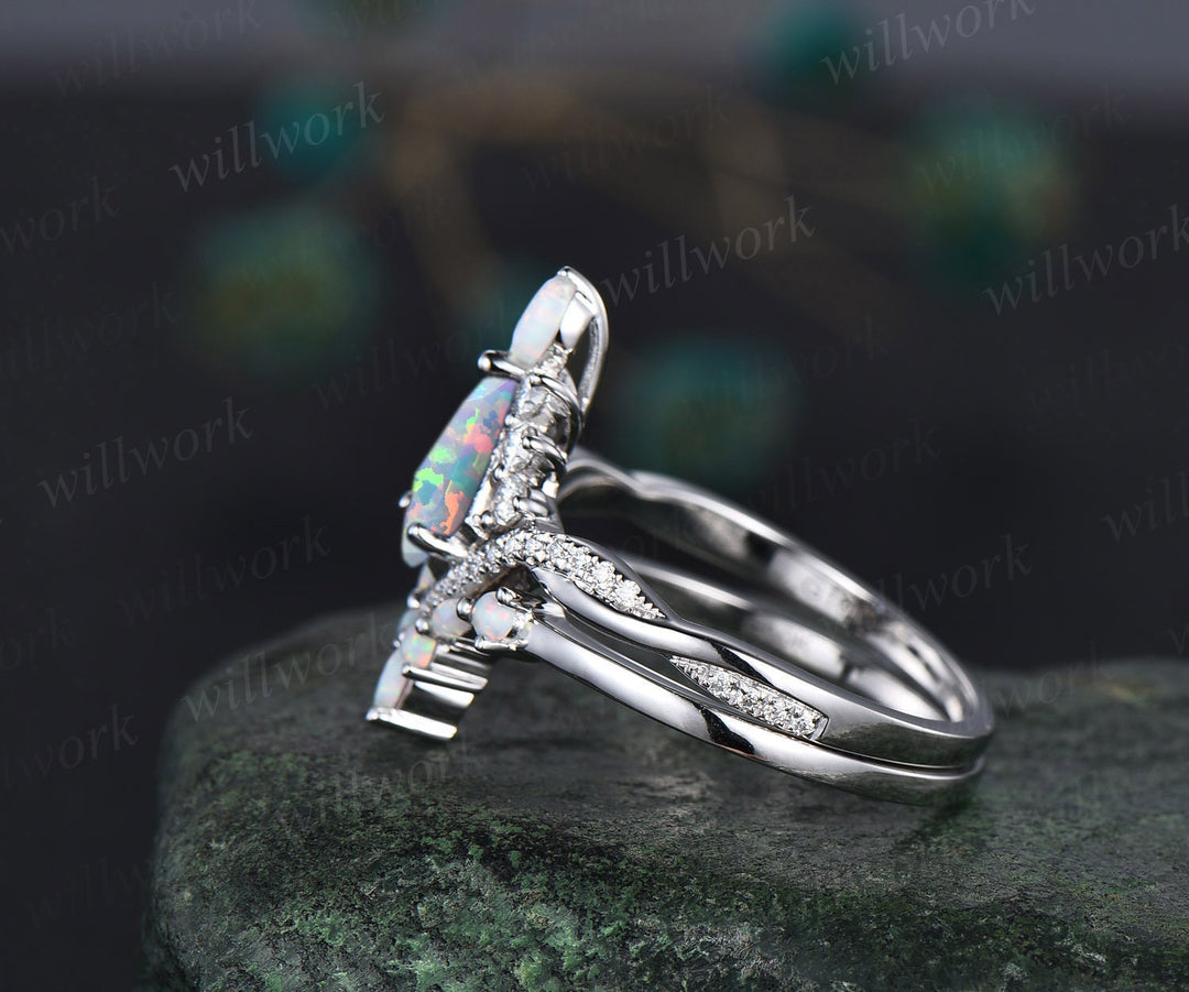 Kite cut white opal engagement ring set art deco 14k white gold halo marquise cut opal ring set twisted moissanite bridal ring set for women