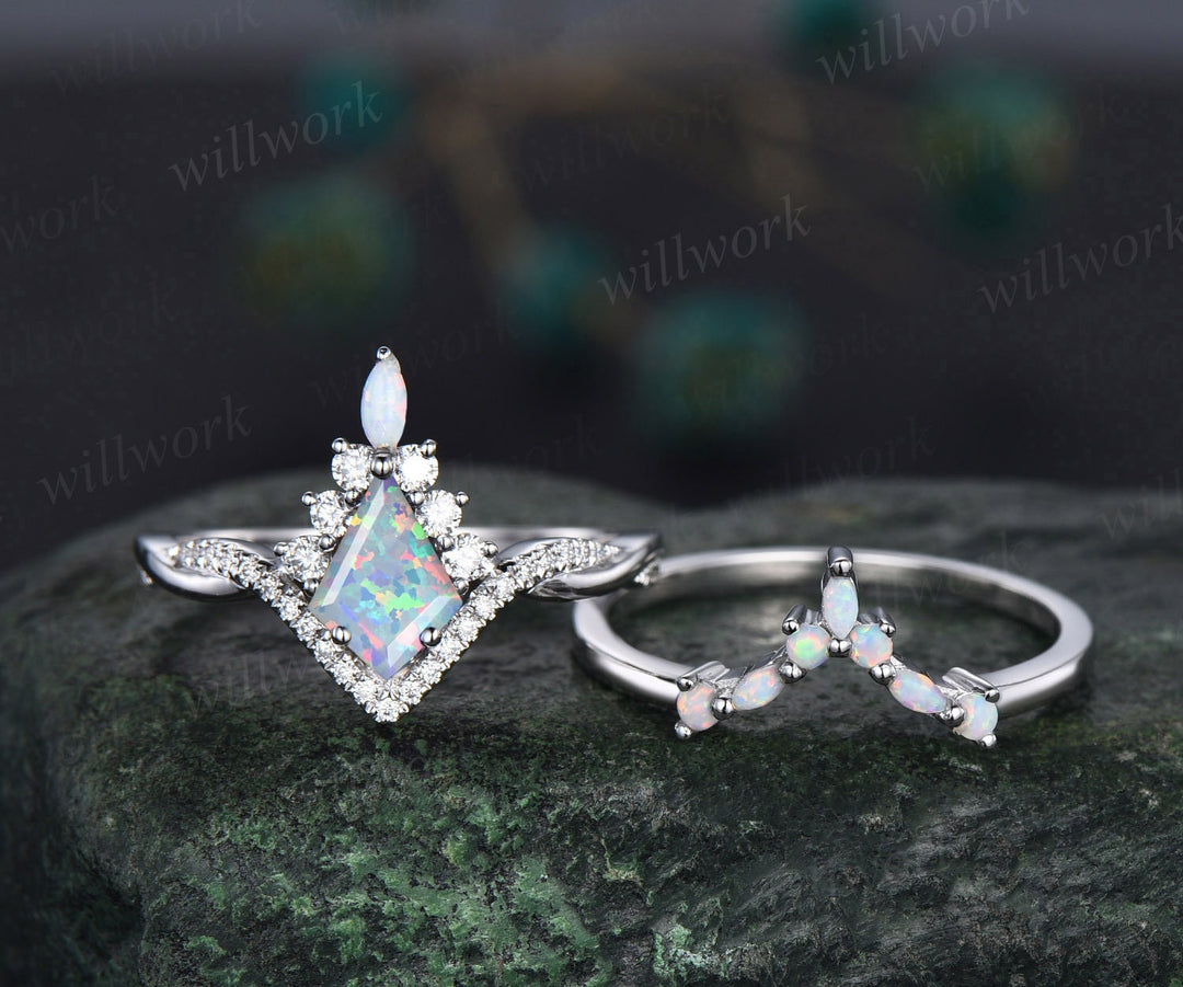 Kite cut white opal engagement ring set art deco 14k white gold halo marquise cut opal ring set twisted moissanite bridal ring set for women
