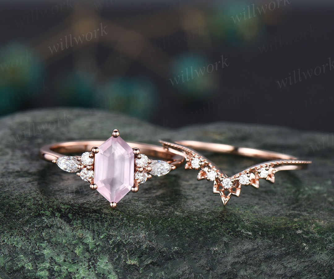 Long hexagon cut rose quartz ring rose gold unique engagement ring set dainty crystal ring vintage diamond ring unique wedding ring women