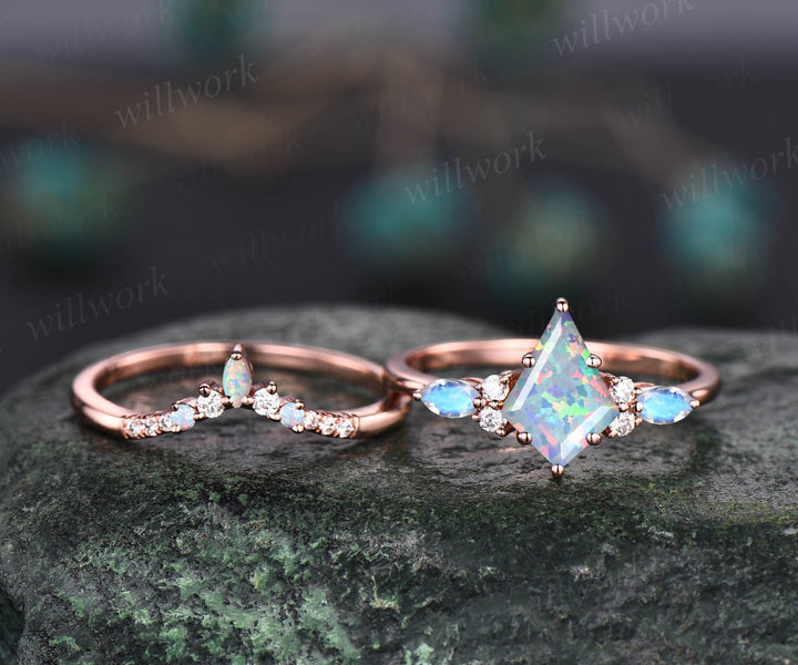 Vintage kite cut white opal engagement ring set 14k rose gold marquise cut opal moonstone ring women moissanite anniversary ring set gift
