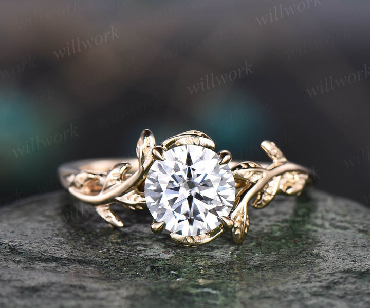 Vintage 1ct round cut moissanite engagement ring yellow gold art deco leaf five stone diamond anniversary promise wedding ring women gift