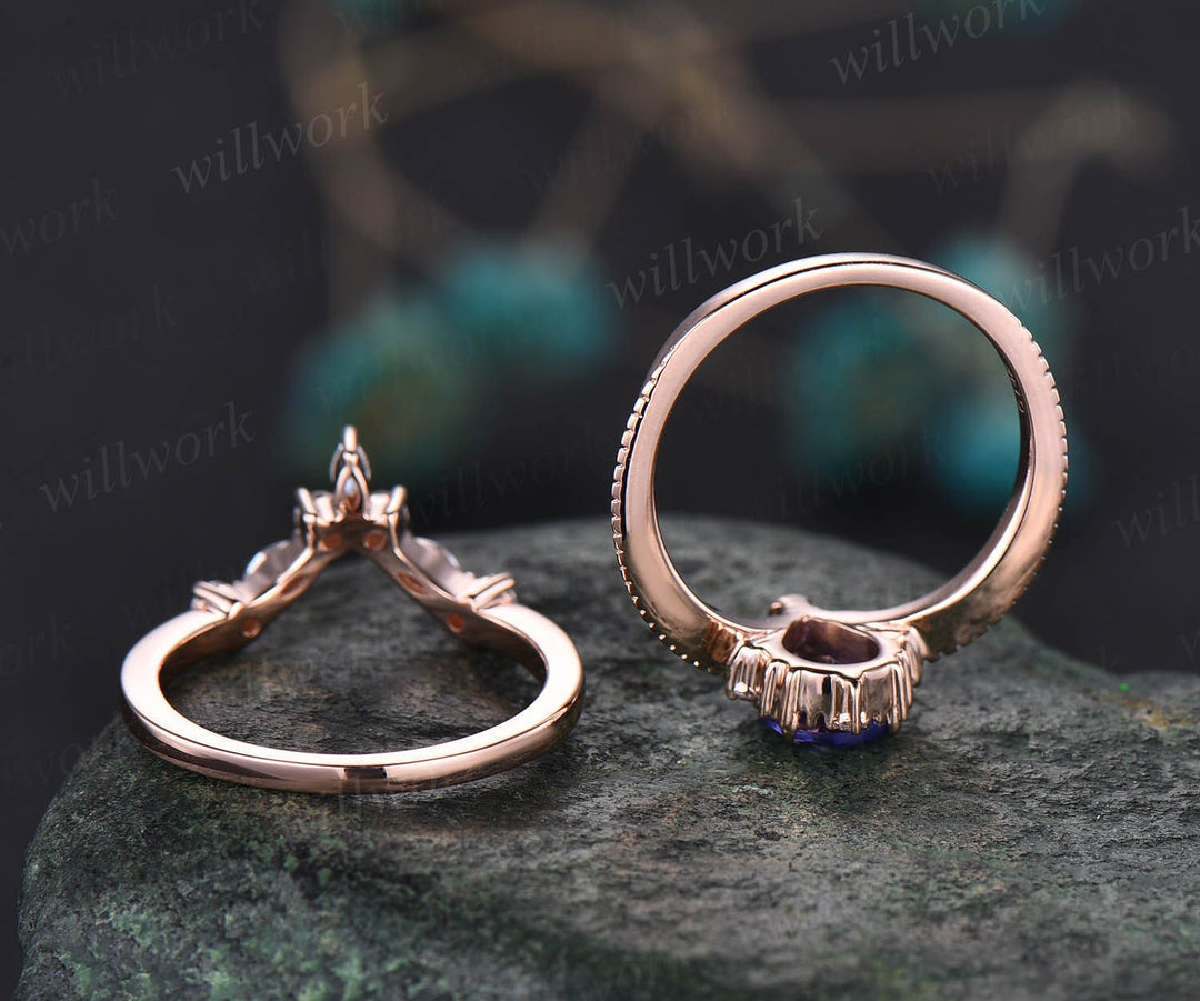 Pear shaped Tanzanite ring solid 14k rose gold unique Tanzanite engagement ring diamond ring vintage moissanite bridal set