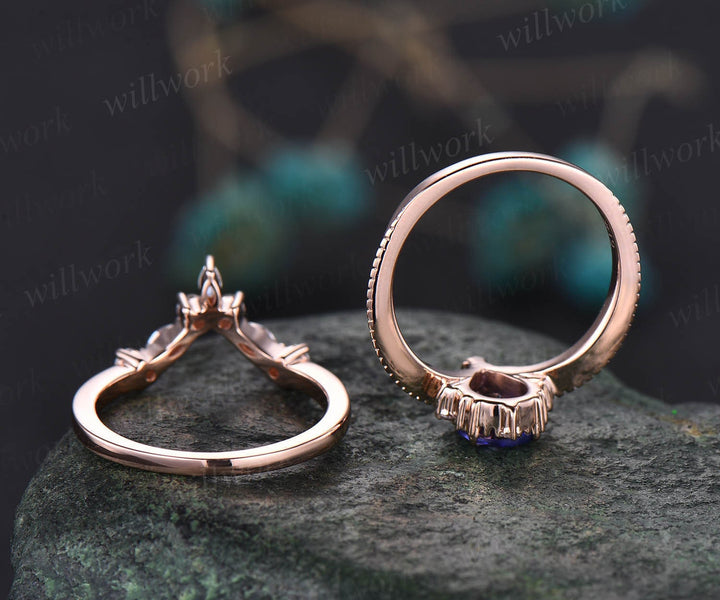 Pear shaped Tanzanite ring solid 14k rose gold unique Tanzanite engagement ring diamond ring vintage moissanite bridal set