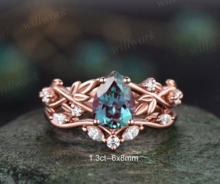 Twig pear shaped Alexandrite engagement ring set rose gold five stone leaf branch Nature inspired ring diamond wedding ring set women gift