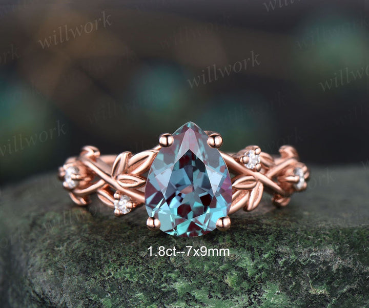 Twig pear shaped Alexandrite engagement ring set rose gold five stone leaf branch Nature inspired ring diamond wedding ring set women gift