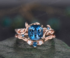 Twig cushion London blue topaz engagement ring set leaf branch rose gold three stone moissanite unique nature inspired wedding ring women